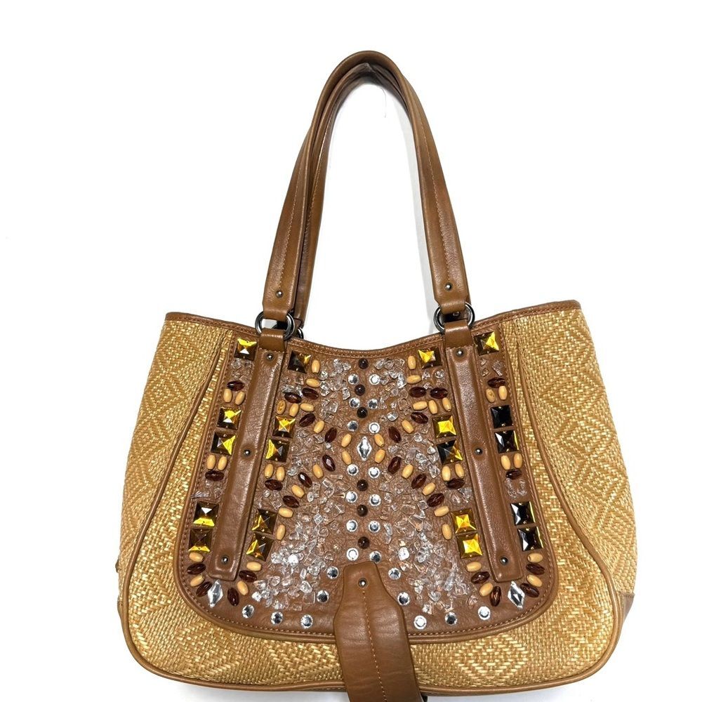 Cole Haan Vintage Sydney Straw Jeweled Handbag / Tote Bag with Leather
